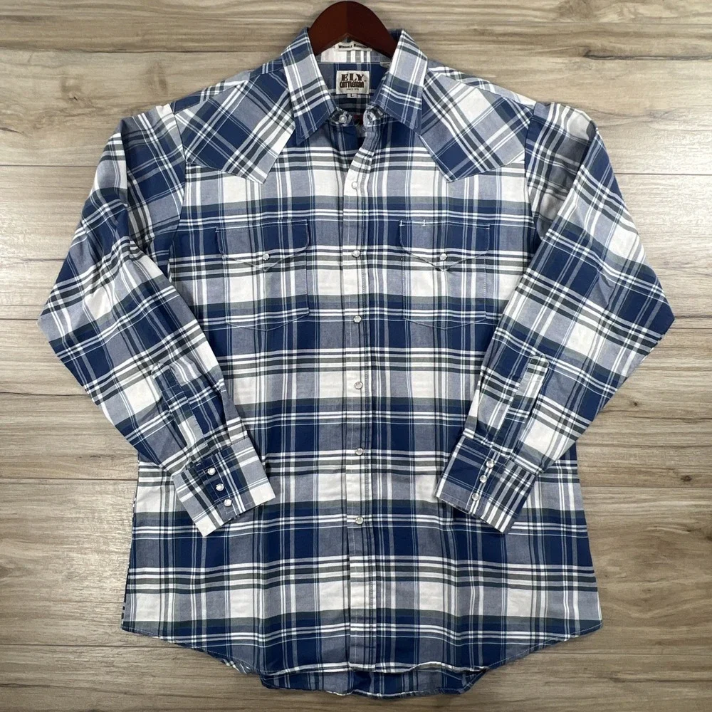 Ely Cattleman Pearl Snap Shirt Mens Large Blue Plaid Wrinkle Resistant